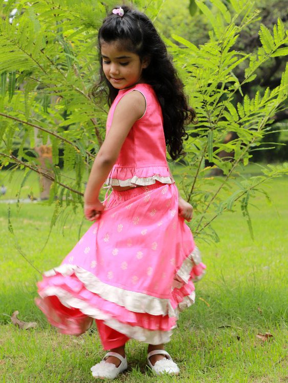 Twisha Exclusive Elephant Print Peplum with deatil Ghagra-Coral