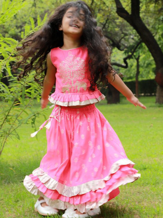 Twisha Exclusive Elephant Print Peplum with deatil Ghagra-Coral