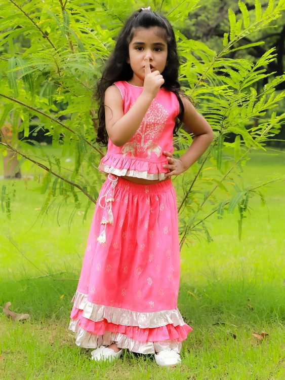 Twisha Exclusive Elephant Print Peplum with deatil Ghagra-Coral