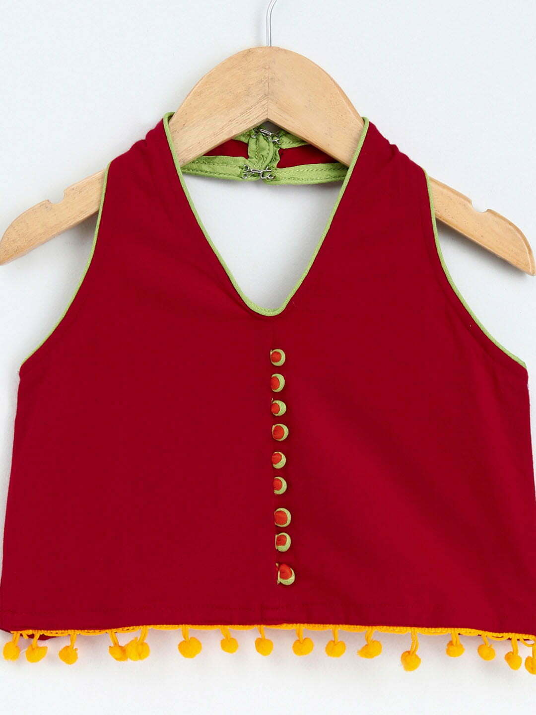 Twisha Girl's Knit Top With Orange Potli Buttons With Printed Cotton Dhoti - Red & Green