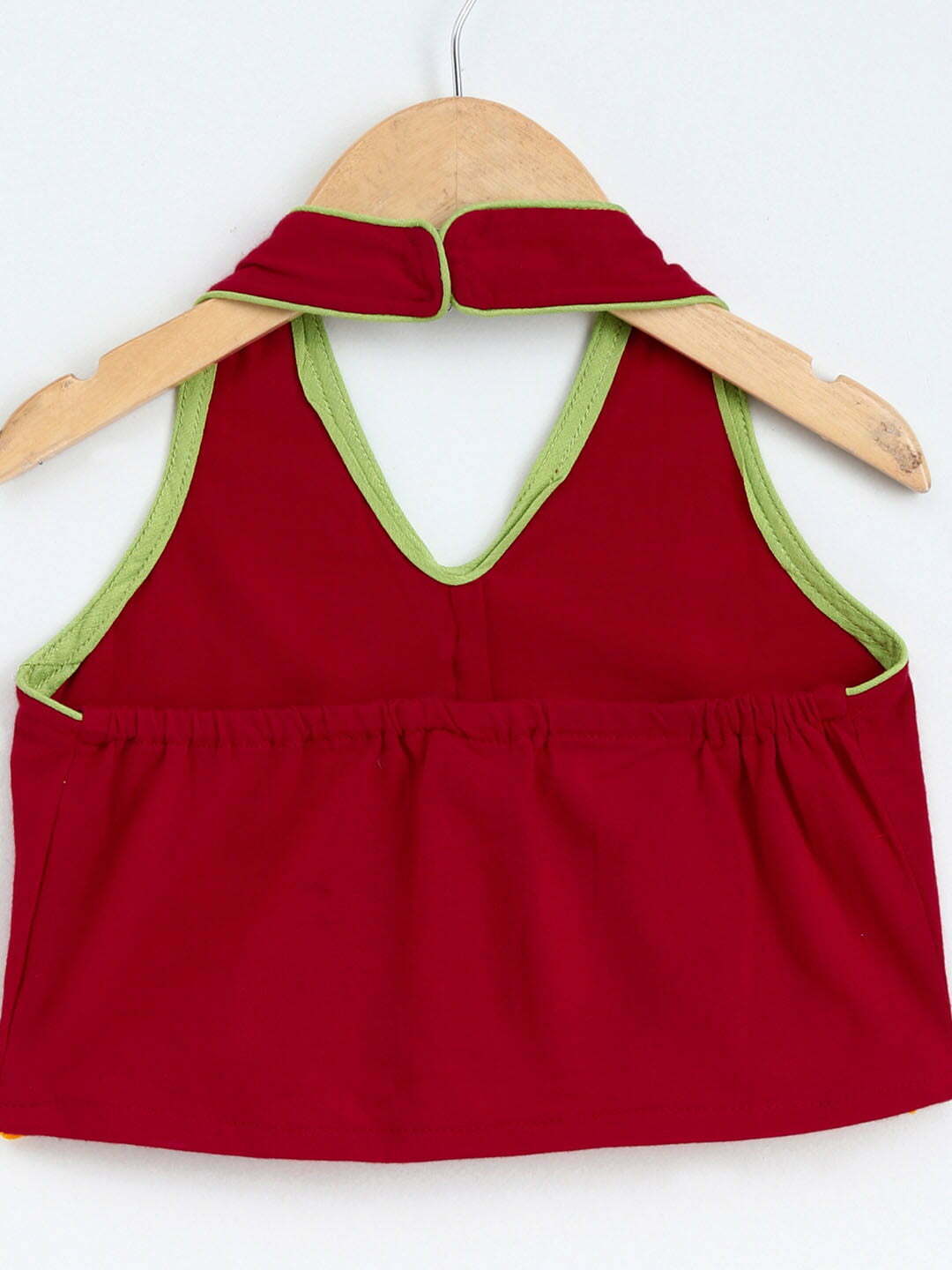 Twisha Girl's Knit Top With Orange Potli Buttons With Printed Cotton Dhoti - Red & Green