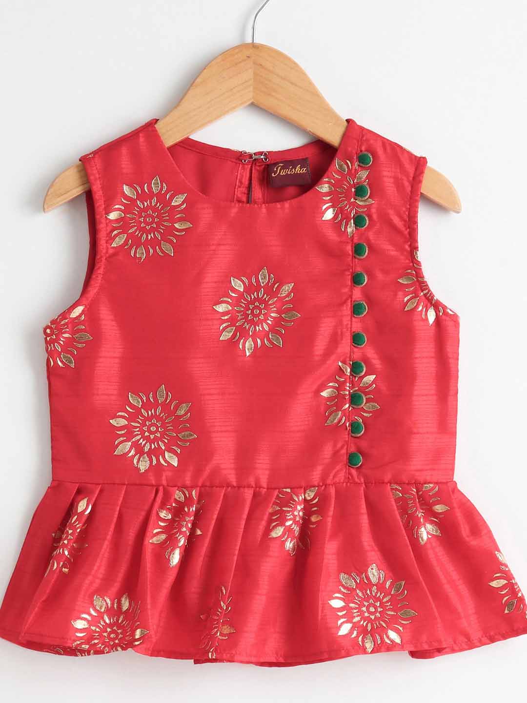 Gold Print Sleeveless Peplum Round Neck Top With Floral Gold Print Dhoti - Red & Green