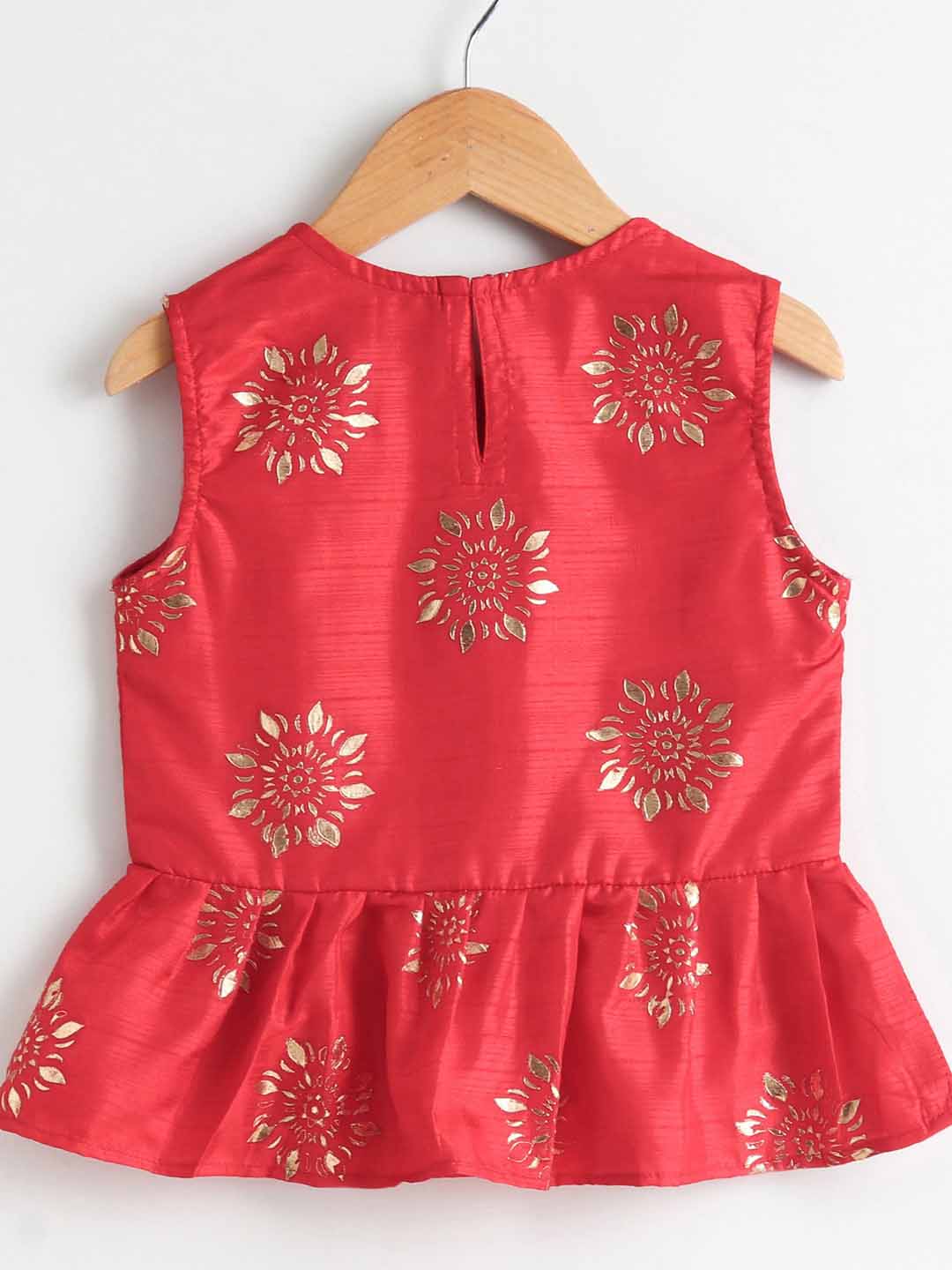 Gold Print Sleeveless Peplum Round Neck Top With Floral Gold Print Dhoti - Red & Green