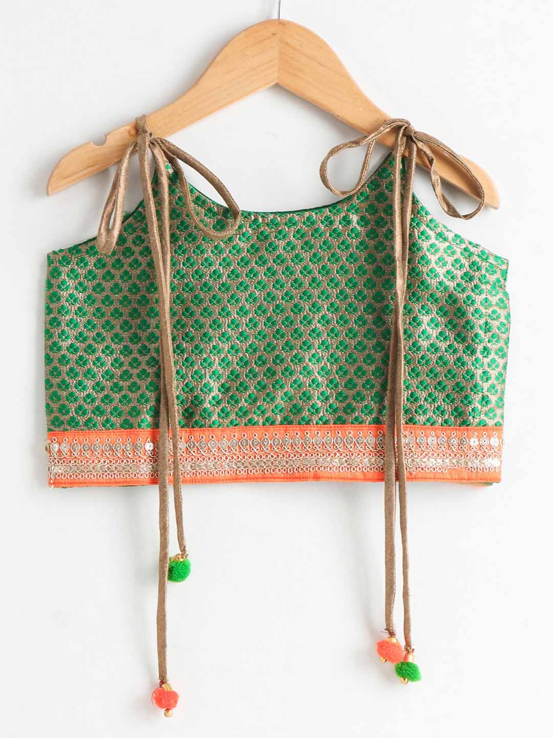Girls Incut Sleeveless Top With Potli Buttons And Foli Printed Dhoti Set - Green & Orange