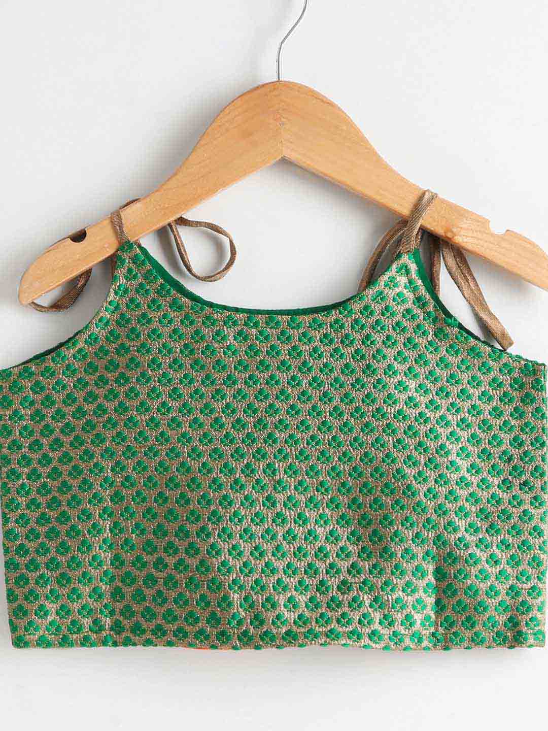 Girls Incut Sleeveless Top With Potli Buttons And Foli Printed Dhoti Set - Green & Orange