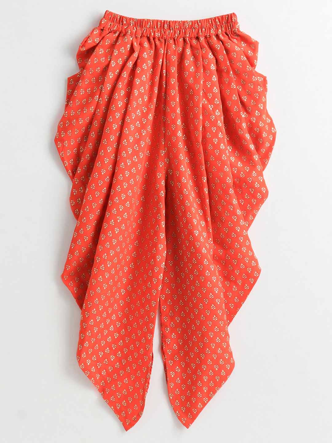 Girls Incut Sleeveless Top With Potli Buttons And Foli Printed Dhoti Set - Green & Orange
