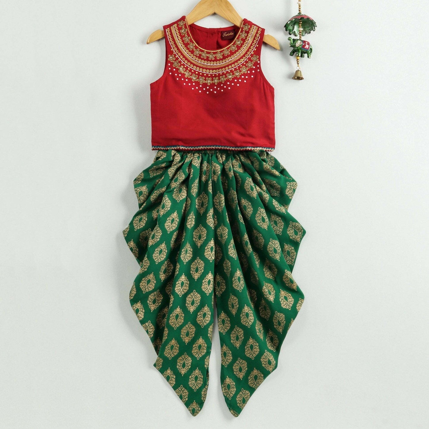 Embroidered Top With Printed Dhoti-Red