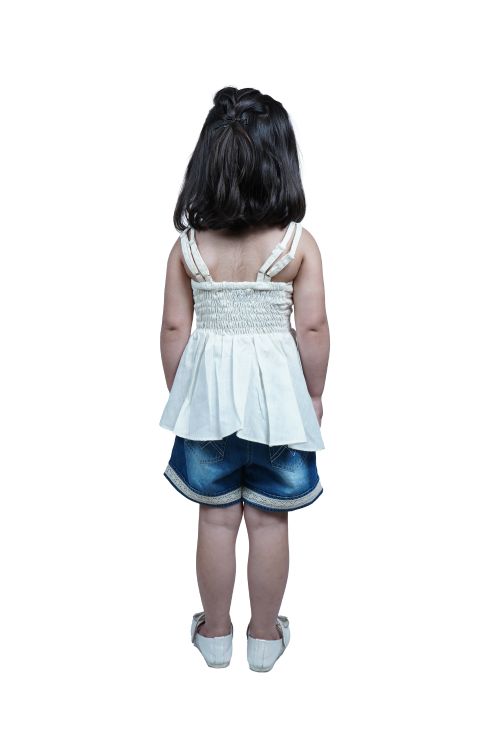 Twisha Girls Embroidered Designer Top & Denim Shorts - Off White & Blue