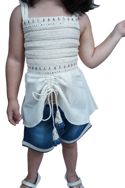 Twisha Girls Embroidered Designer Top & Denim Shorts - Off White & Blue