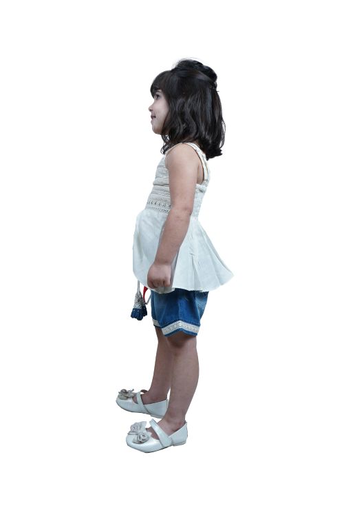 Twisha Girls Embroidered Designer Top & Denim Shorts - Off White & Blue