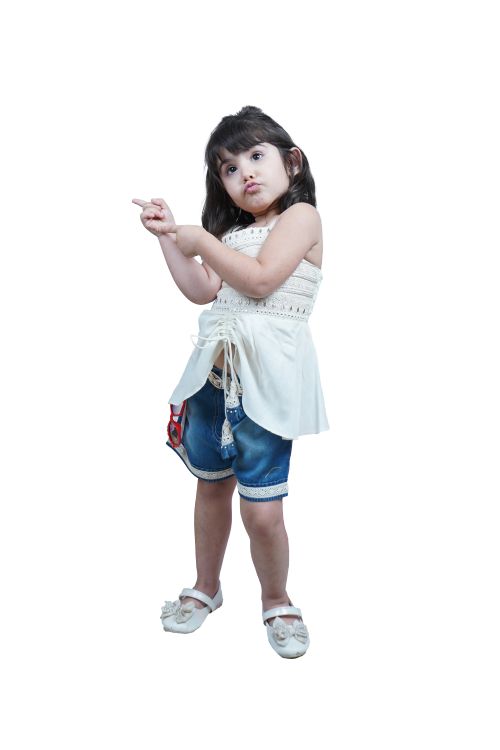 Twisha Girls Embroidered Designer Top & Denim Shorts - Off White & Blue