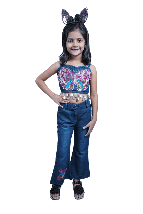 Twisha Girls Butterfly embroidered crop top with jeans