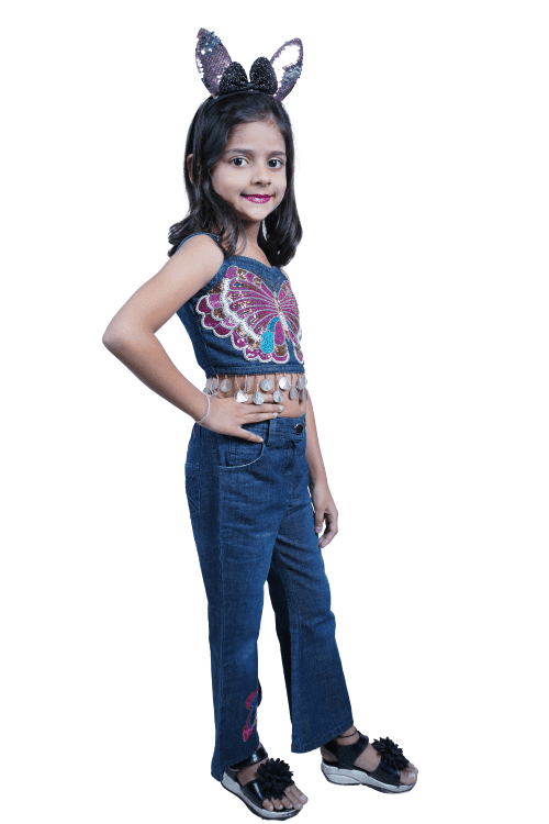 Twisha Girls Butterfly embroidered crop top with jeans