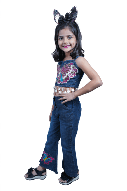 Twisha Girls Butterfly embroidered crop top with jeans