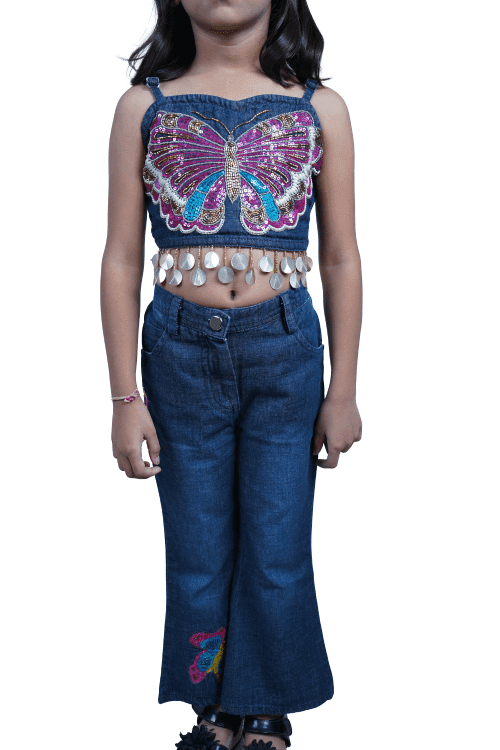 Twisha Girls Butterfly embroidered crop top with jeans