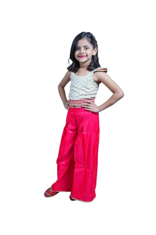 Twisha Girls Frill Detail Brocade Top with woven design Palazzo - Beige & Red