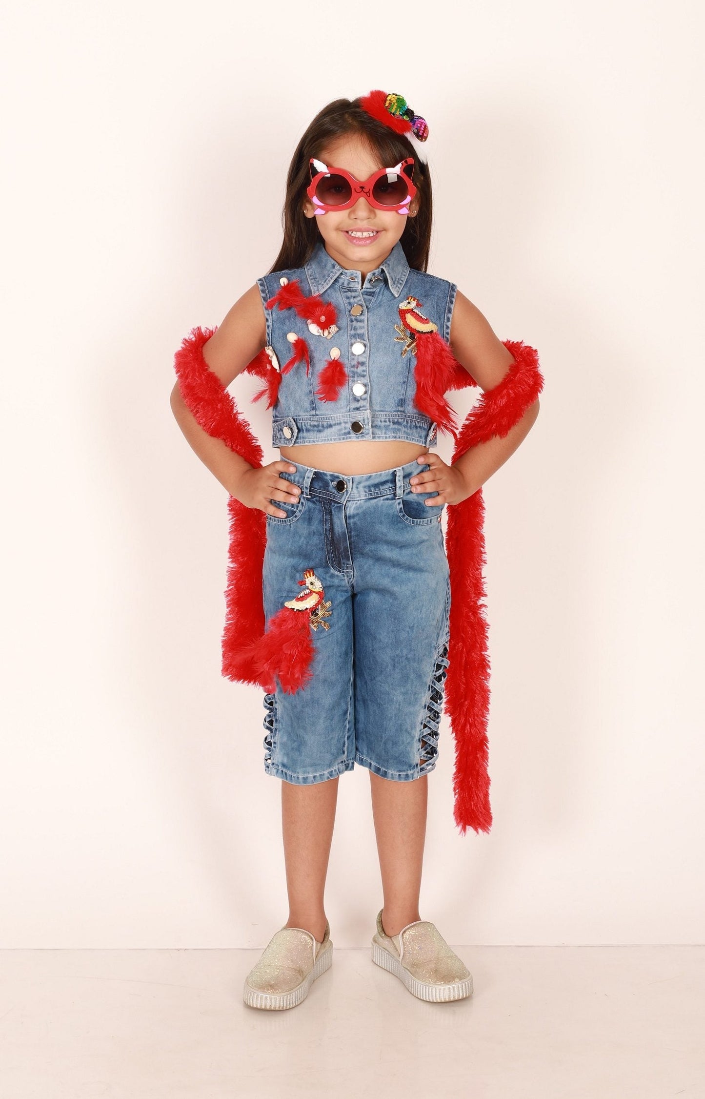 Twisha Girls Denim Jacket & Capris Embellished With Bird Applique - Blue