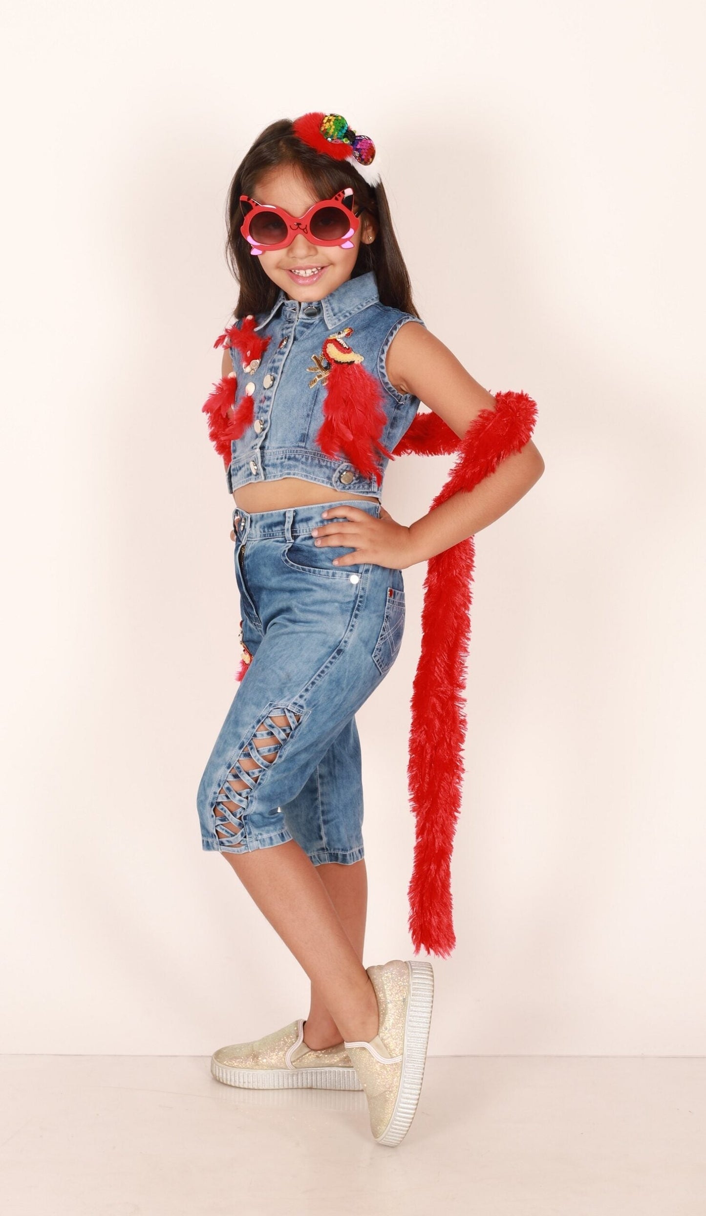Twisha Girls Denim Jacket & Capris Embellished With Bird Applique - Blue