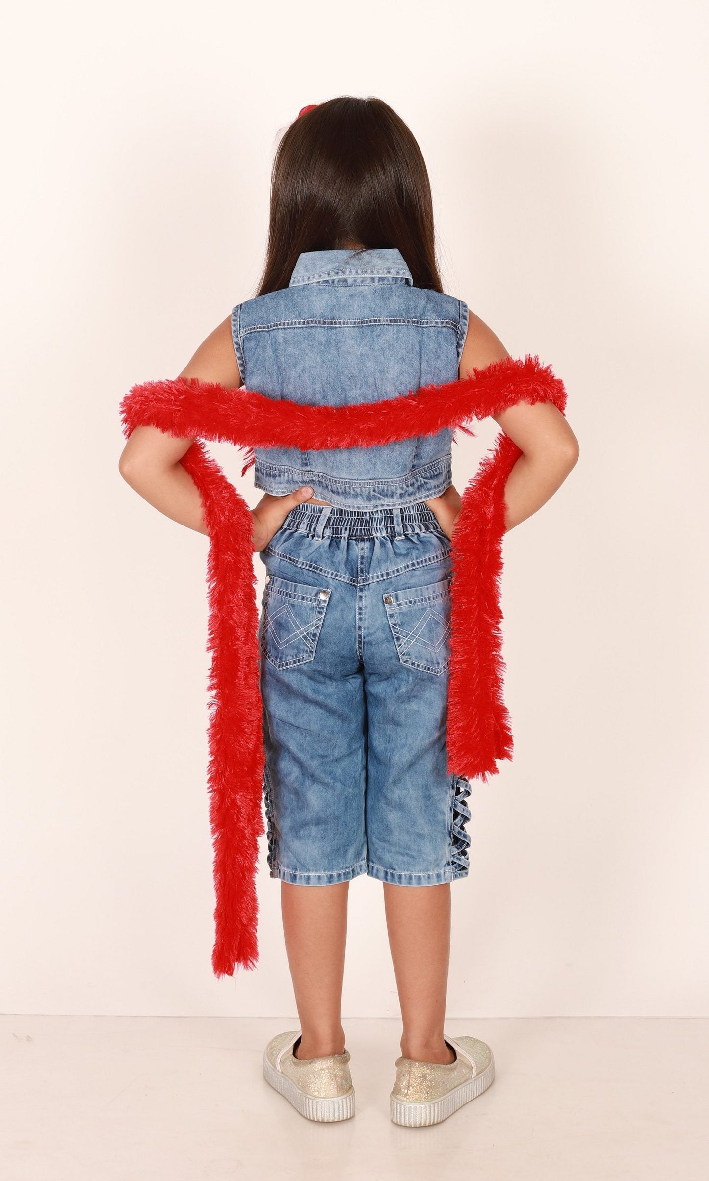 Twisha Girls Denim Jacket & Capris Embellished With Bird Applique - Blue