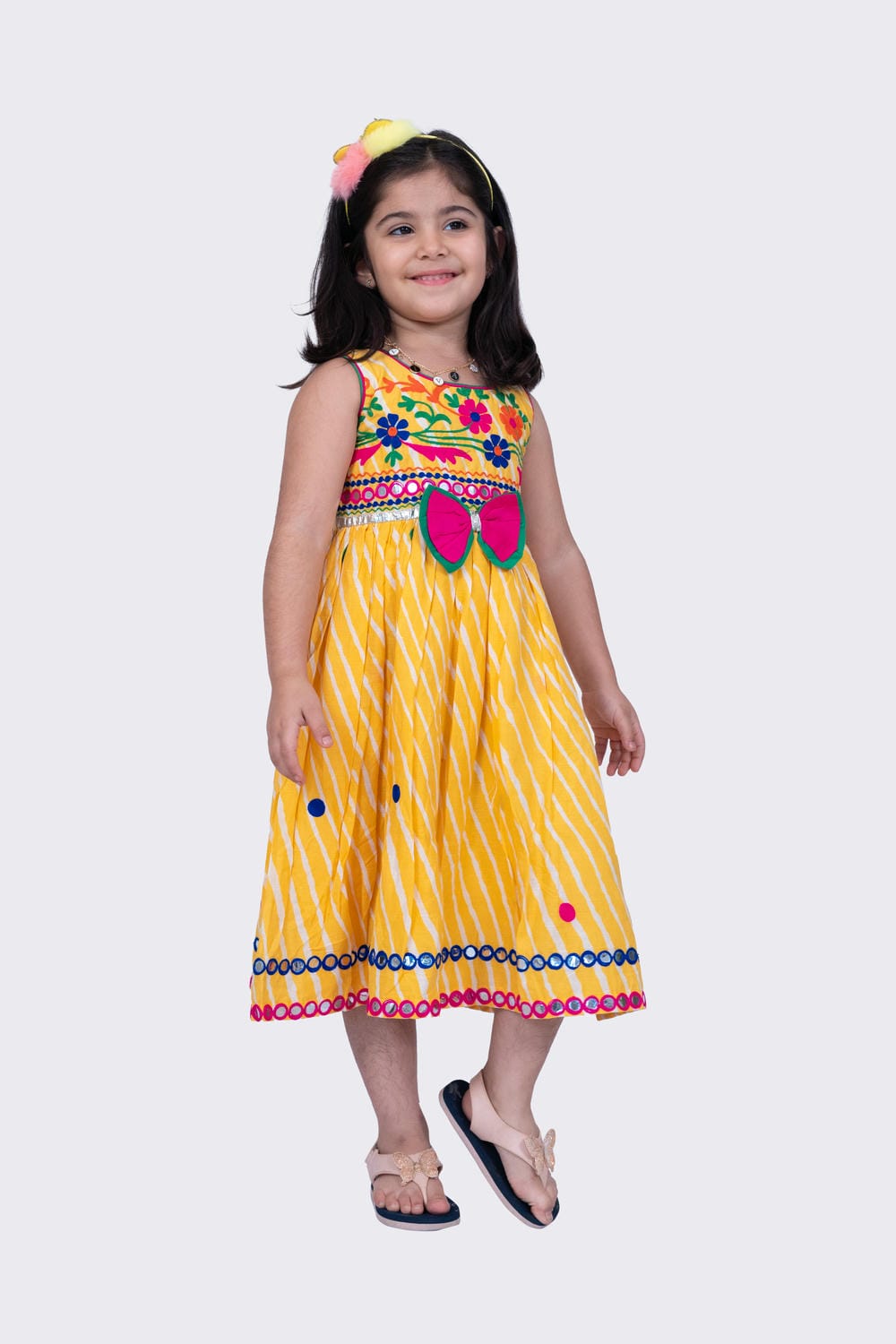 Twisha Girl's Sleeveless Leheria Printed Aariwork Embroidered Dress - Yellow