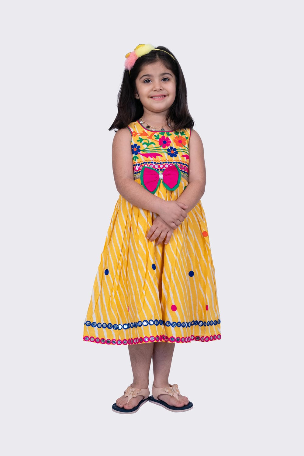 Twisha Girl's Sleeveless Leheria Printed Aariwork Embroidered Dress - Yellow