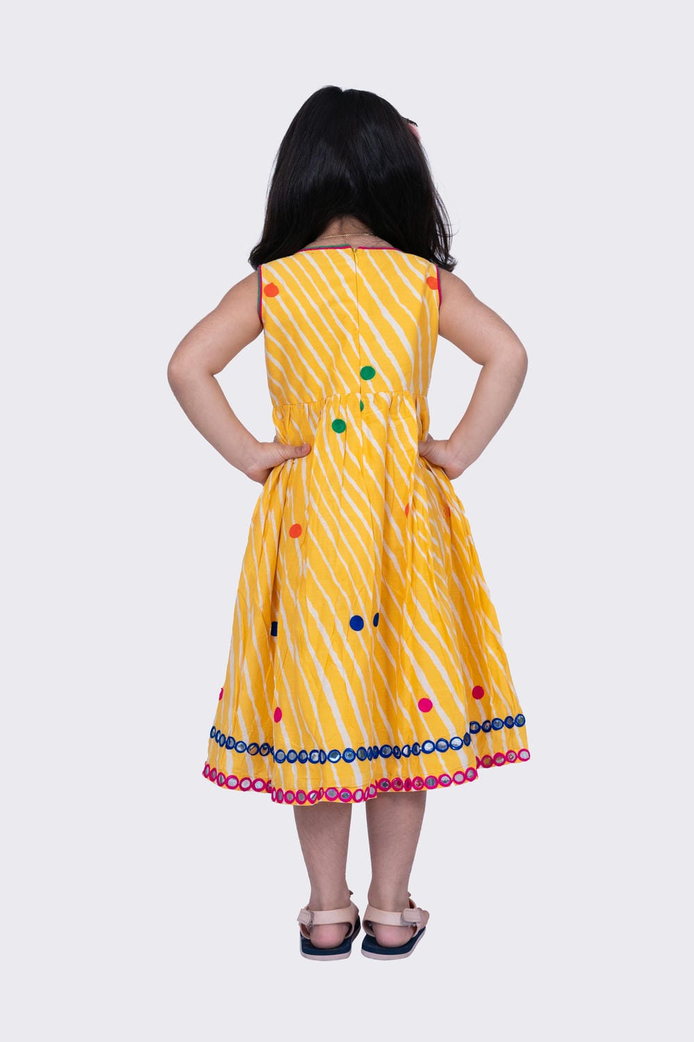 Twisha Girl's Sleeveless Leheria Printed Aariwork Embroidered Dress - Yellow