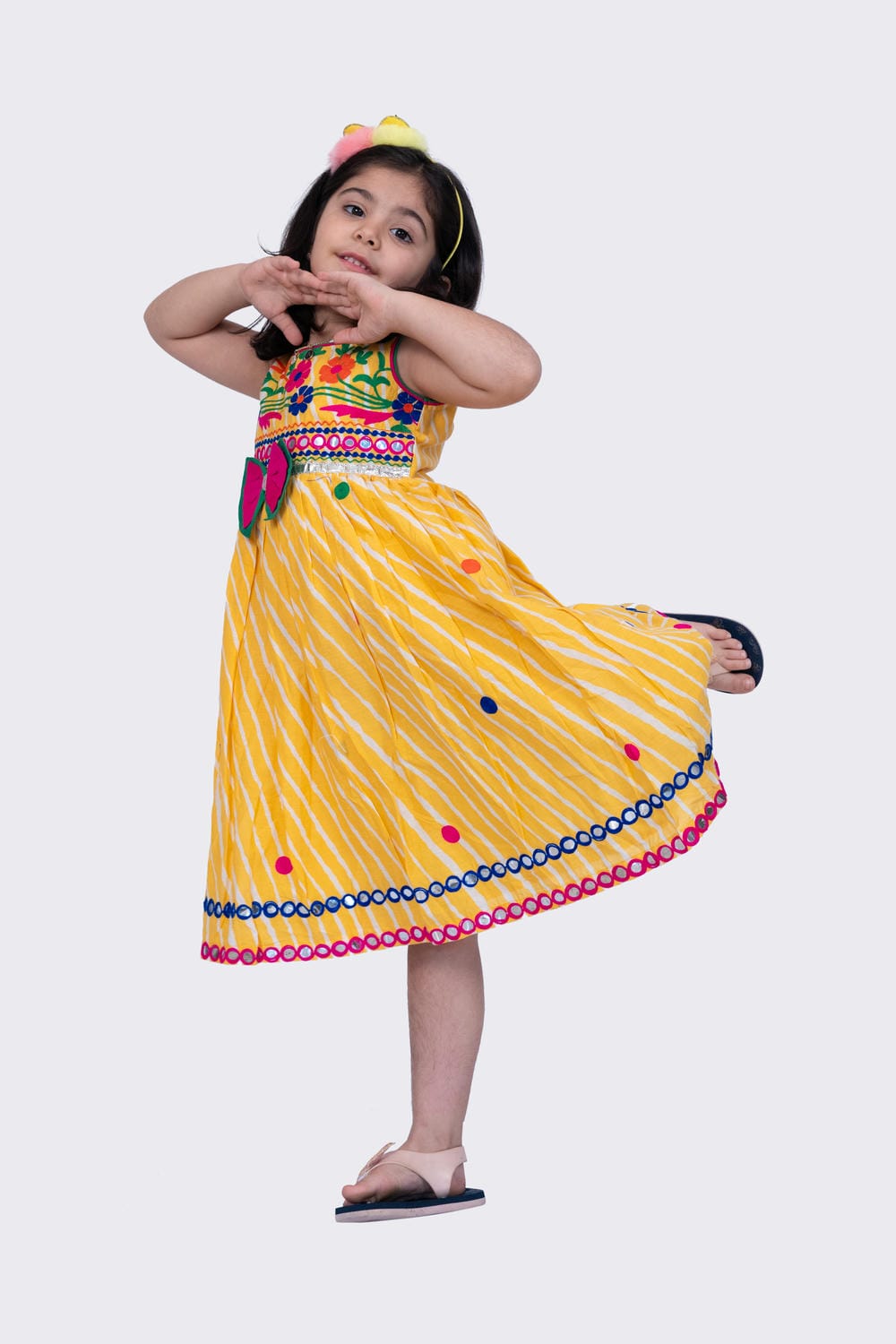 Twisha Girl's Sleeveless Leheria Printed Aariwork Embroidered Dress - Yellow