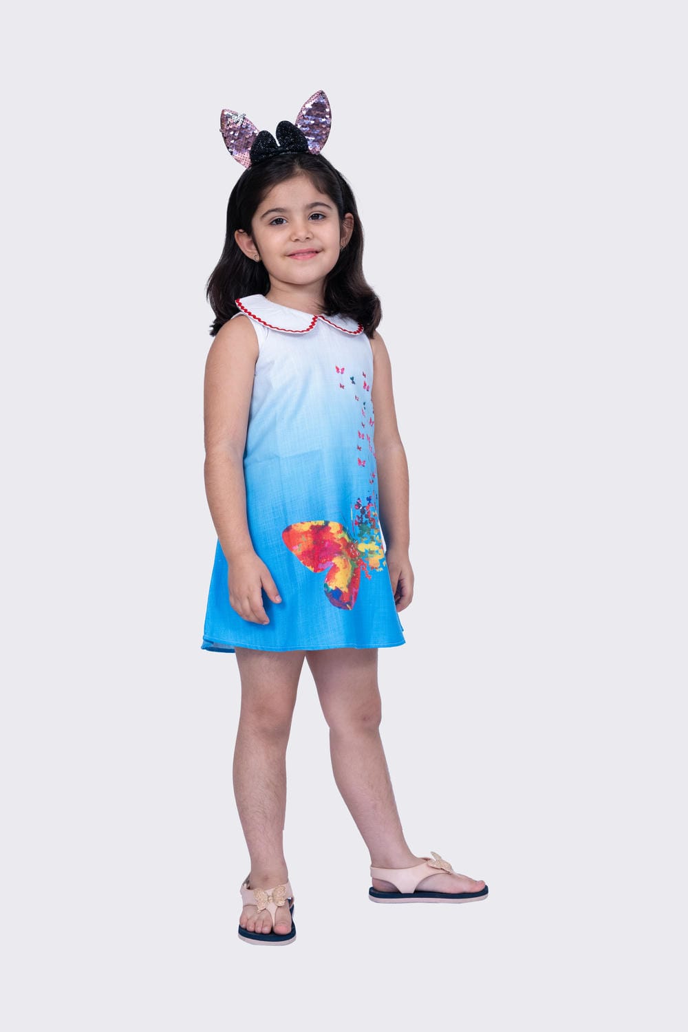 Twisha Girl's Sleeveless Sweet Slub Butterfly Printed Dress-Blue