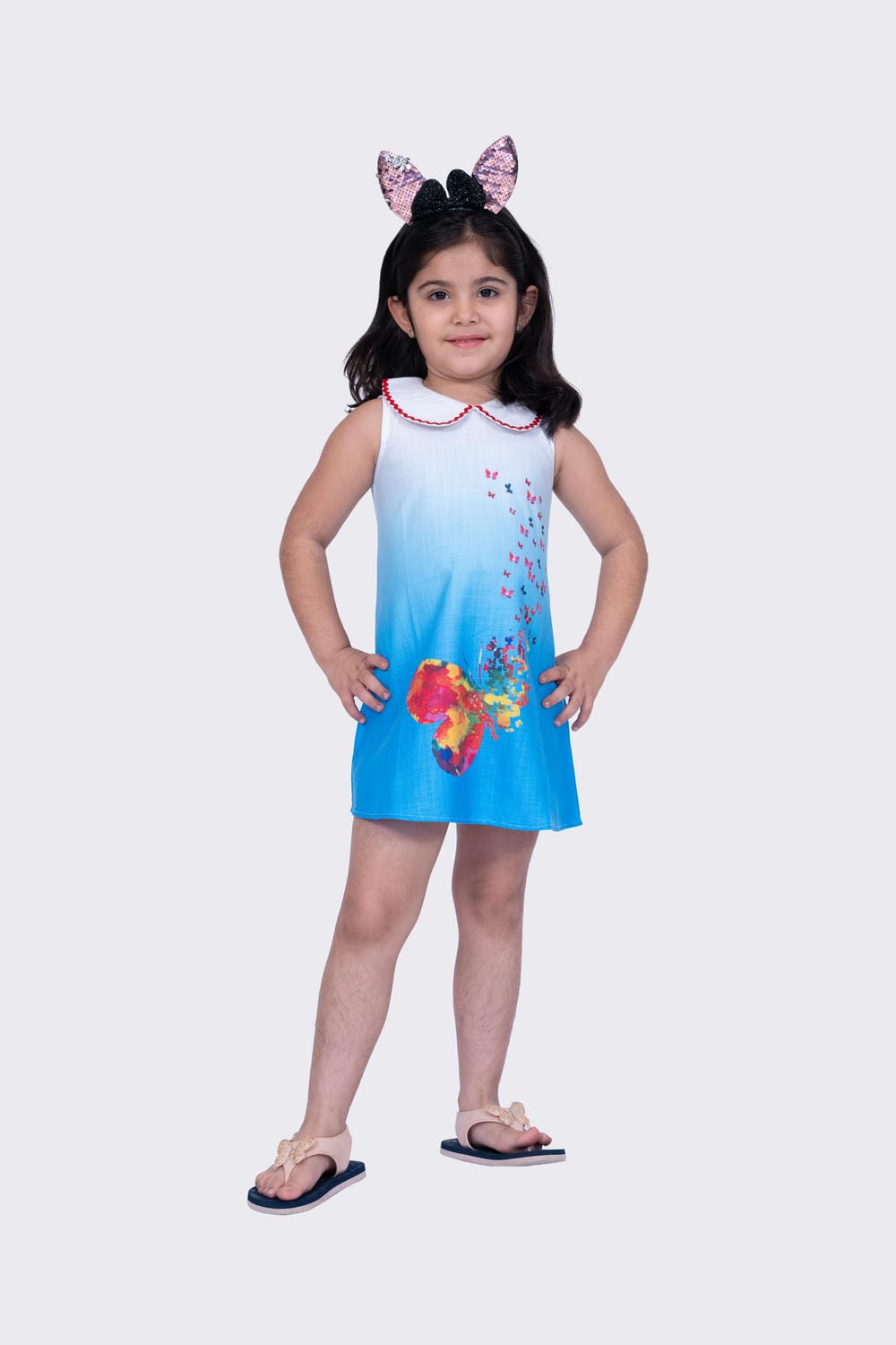 Twisha Girl's Sleeveless Sweet Slub Butterfly Printed Dress-Blue
