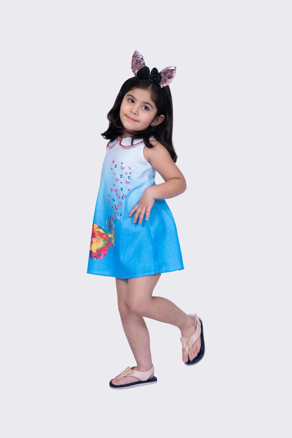 Twisha Girl's Sleeveless Sweet Slub Butterfly Printed Dress-Blue