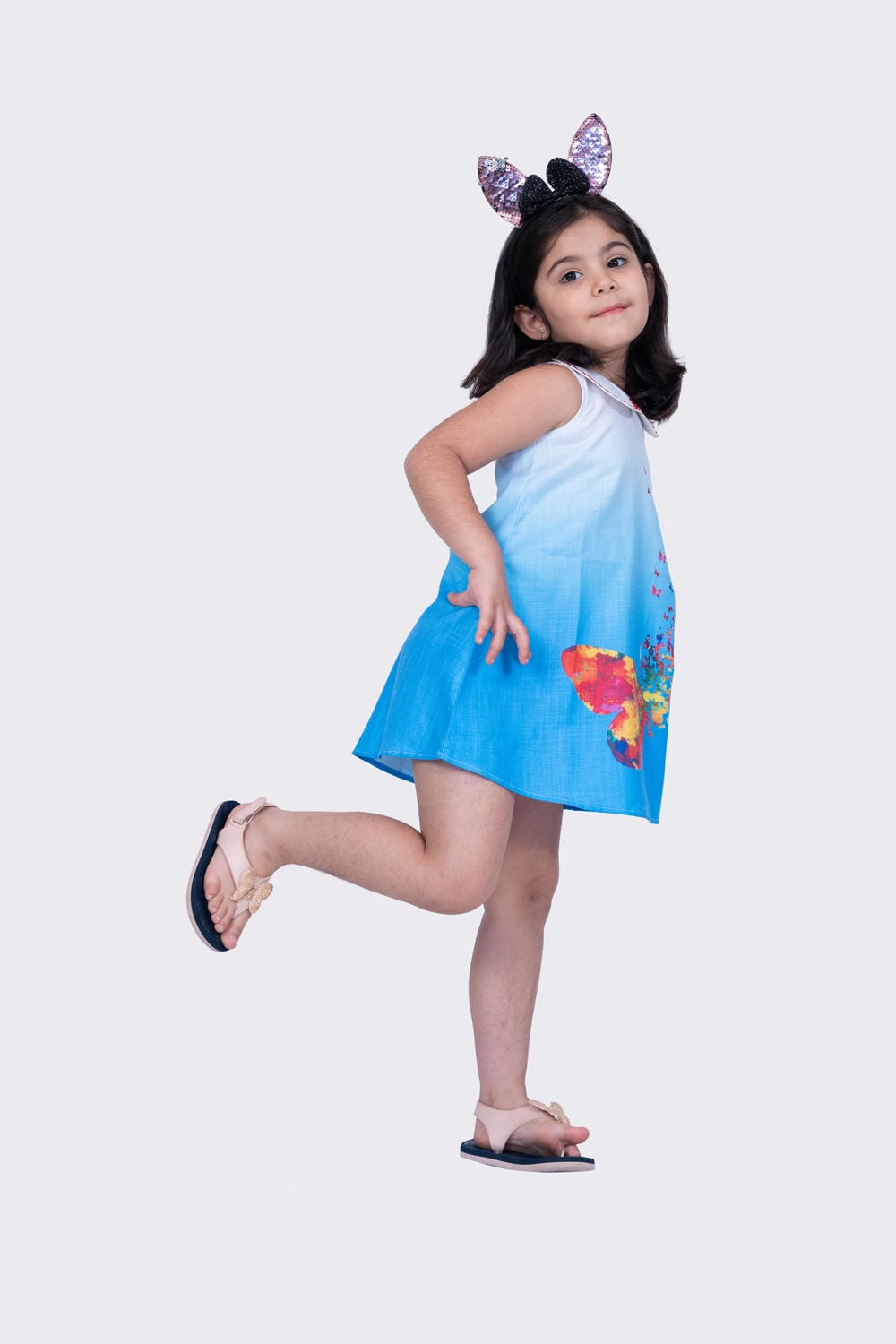 Twisha Girl's Sleeveless Sweet Slub Butterfly Printed Dress-Blue