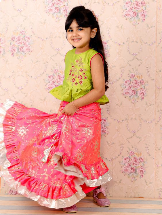 Twisha Girls Embroiderd Top with Printed Lehenga - Pink & Green