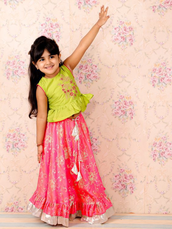 Twisha Girls Embroiderd Top with Printed Lehenga - Pink & Green