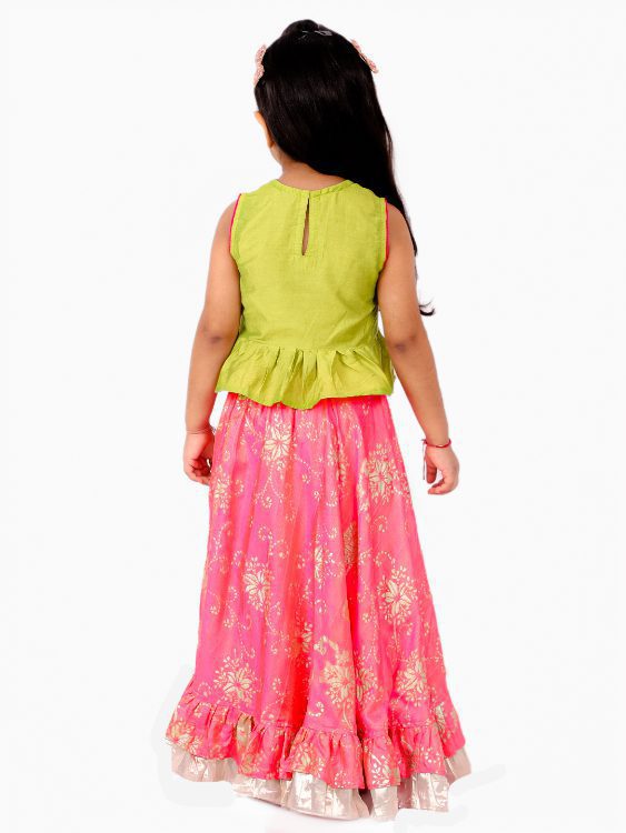 Twisha Girls Embroiderd Top with Printed Lehenga - Pink & Green