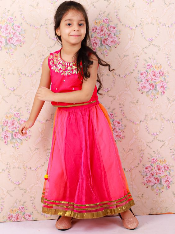 Twisha Girls Embroidered Top with 3 colour Ghagra-Pink