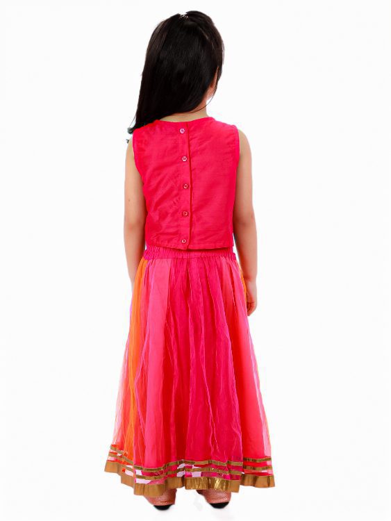 Twisha Girls Embroidered Top with 3 colour Ghagra-Pink