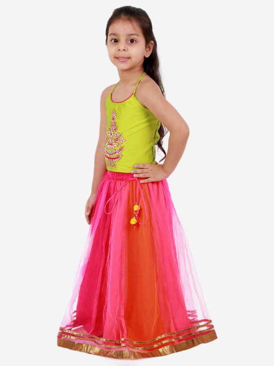 Twisha Girls Embroidered Top with 3 colour Chania -Set-Green And Pink