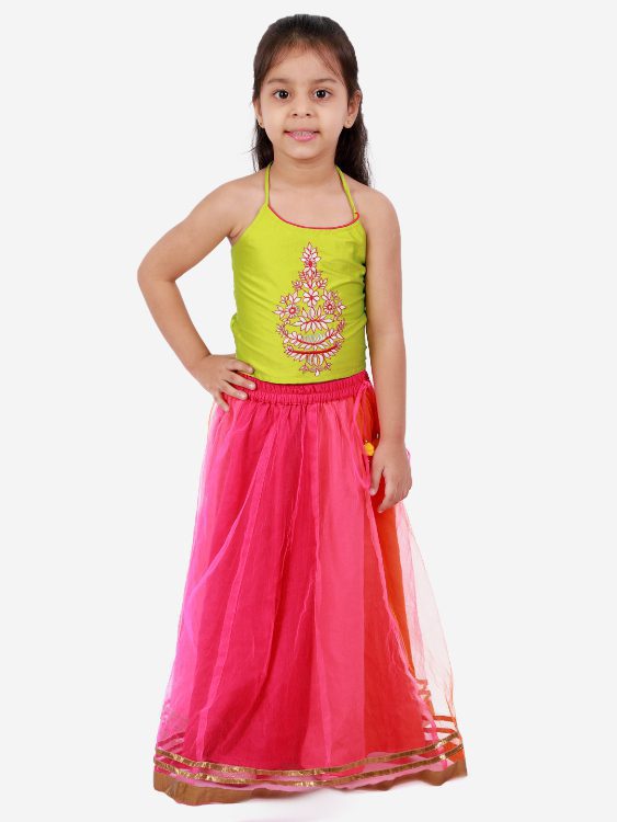 Twisha Girls Embroidered Top with 3 colour Chania -Set-Green And Pink