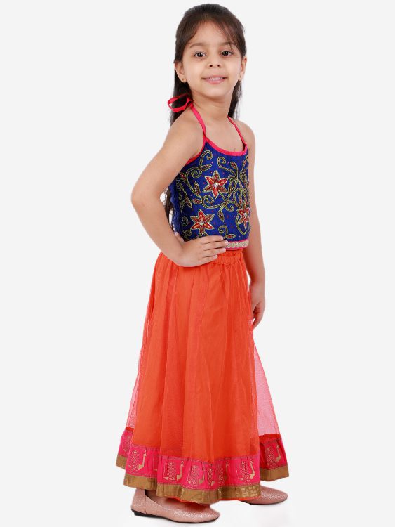 Twisha Girls Hand Embroidery Tie Up Top With Peacock Border Chania Set-Blue And Orange
