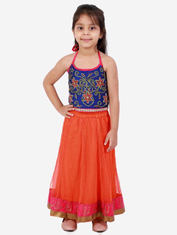 Twisha Girls Hand Embroidery Tie Up Top With Peacock Border Chania Set-Blue And Orange