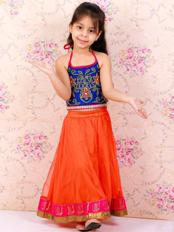 Twisha Girls Hand Embroidery Tie Up Top With Peacock Border Chania Set-Blue And Orange
