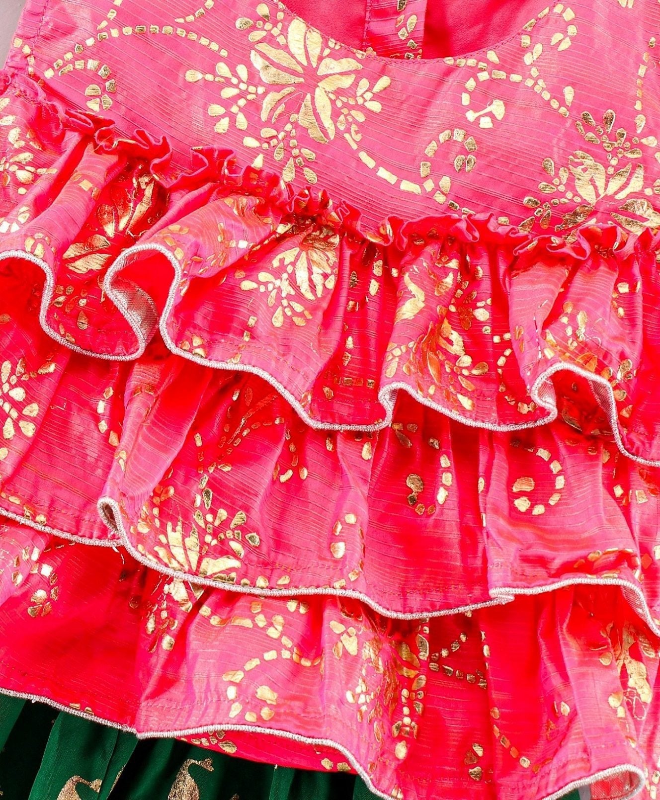 Twisha Girls Printed Frilled Top With Printed Ghagra - Coral & Green