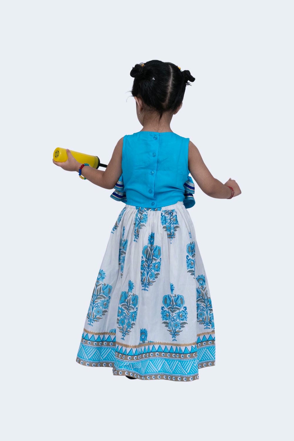 Twisha Girl's Rayon Lace detail frill Top & Mughal Printed Ghagra-Blue & White