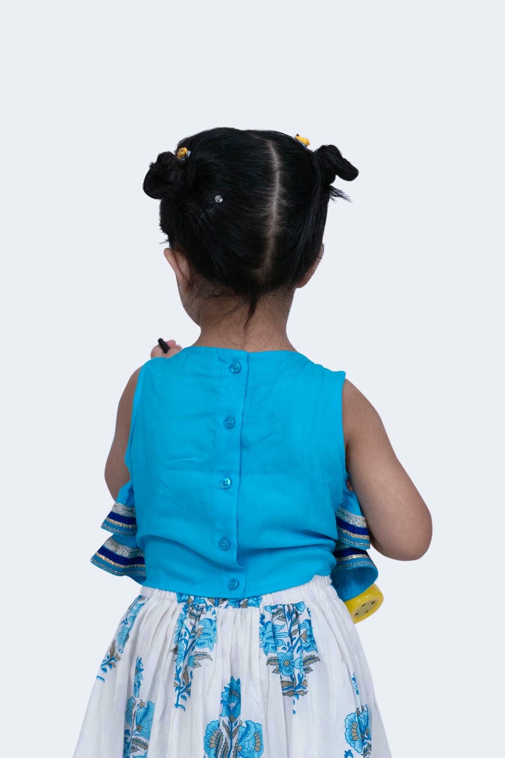 Twisha Girl's Rayon Lace detail frill Top & Mughal Printed Ghagra-Blue & White