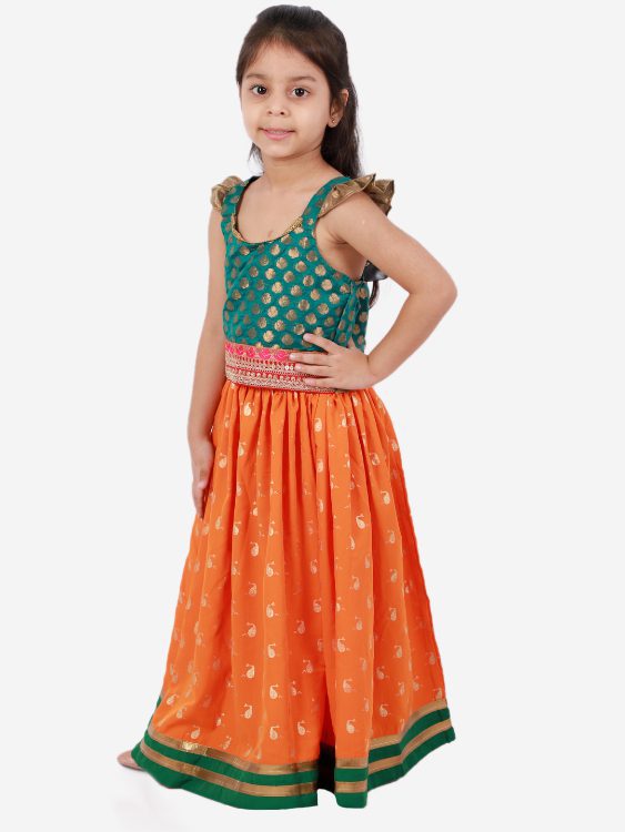 Twisha Girls Frill details Brocade Top with Whale printed skirt - Green & Orange