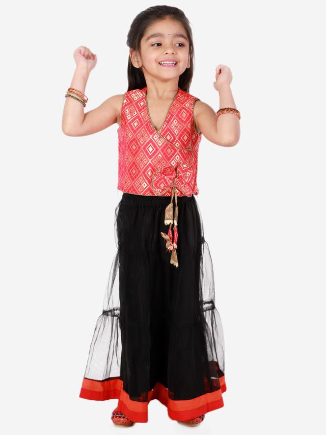 Twisha Girls Brocade Top With Designer bow and tassles with ghagra-Red & Black