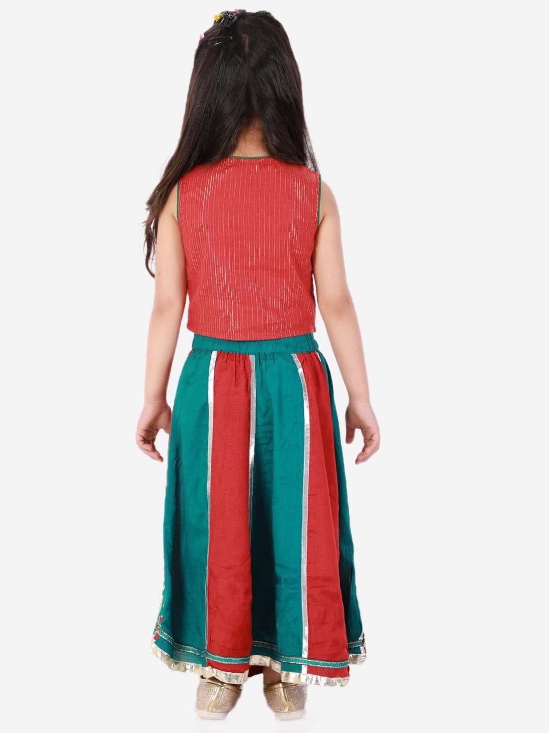 Girls Color Blocked Ghagra And Choli Maroon And Blue