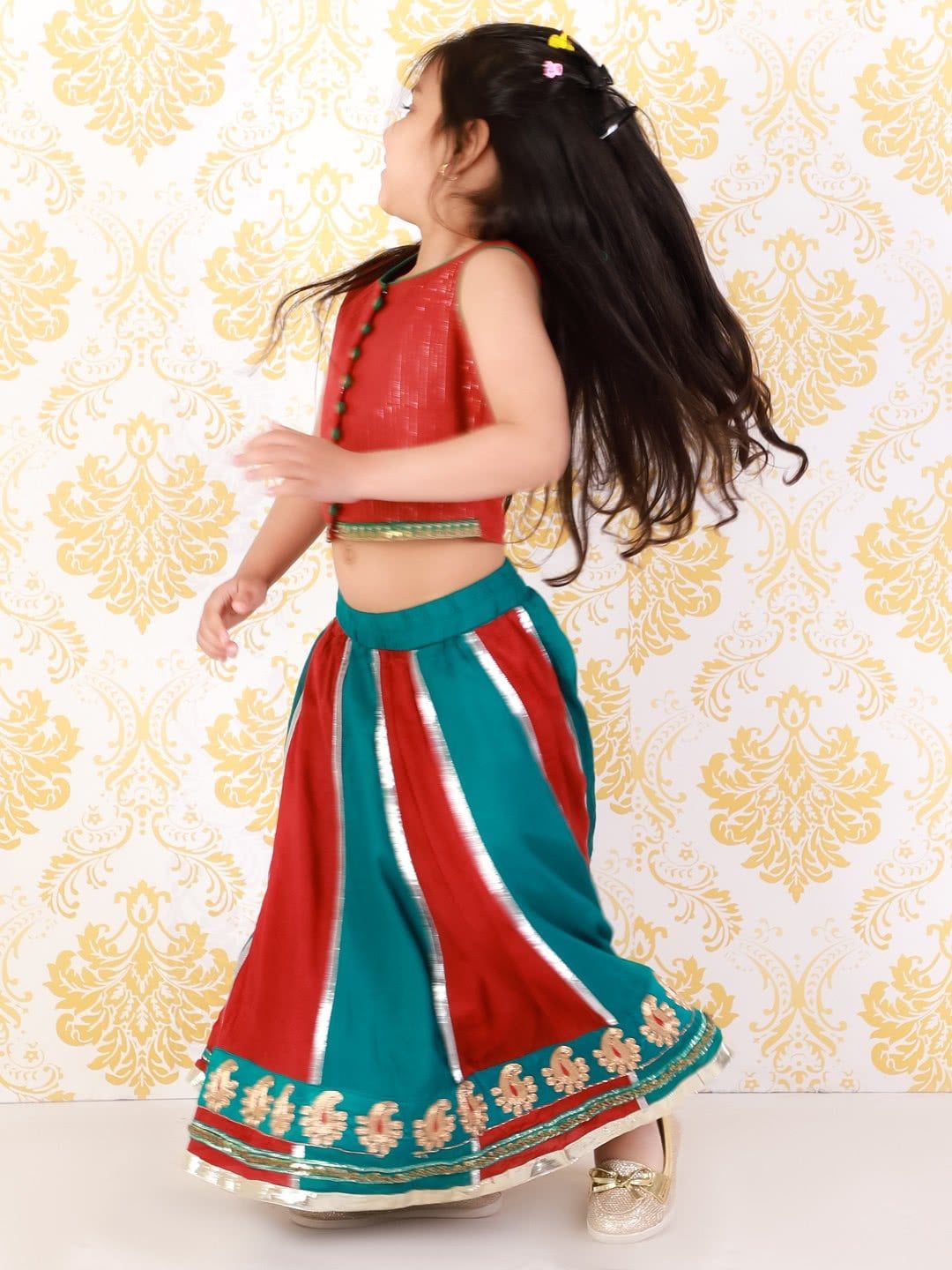 Girls Color Blocked Ghagra And Choli Maroon And Blue