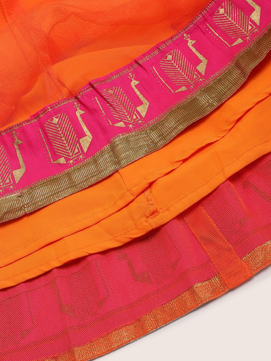 Twisha Girls Top With Embroidered Mock Jacket & Ghagra - Green & Orange