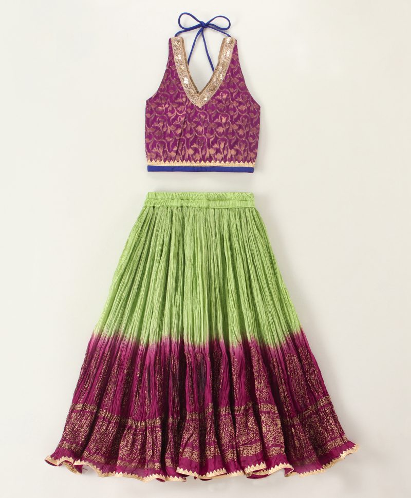 Twisha Halter Top with Ghagra- Purple & Green